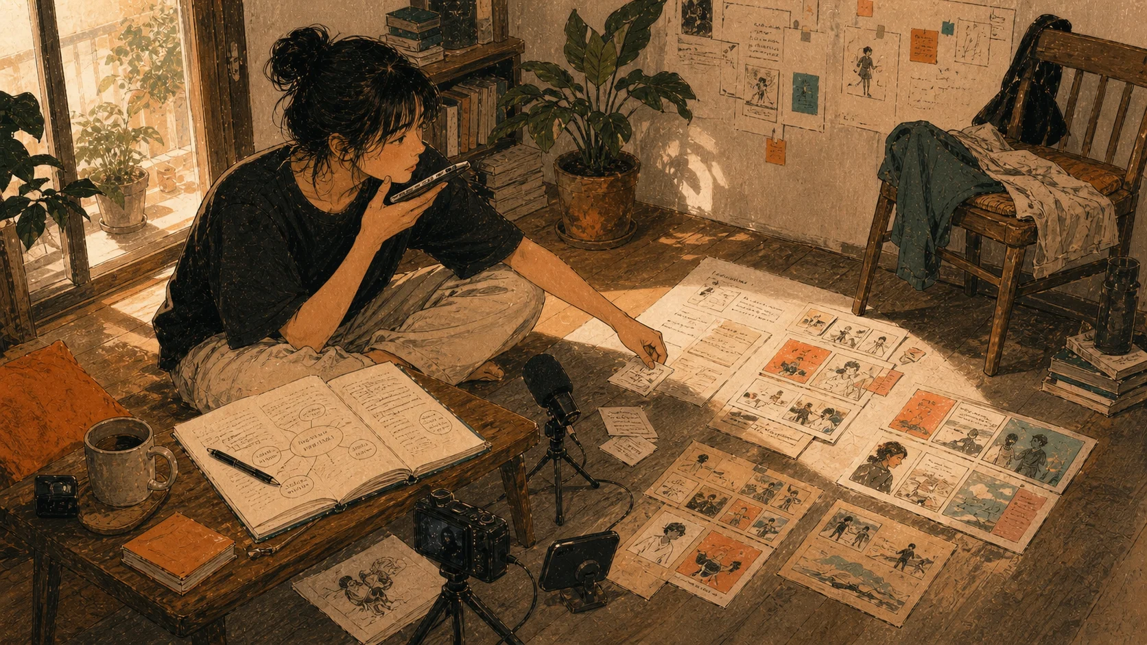 晨光里的居家工作室，一位独立创作者把一篇长文拆成纸片、语音和画面顺序